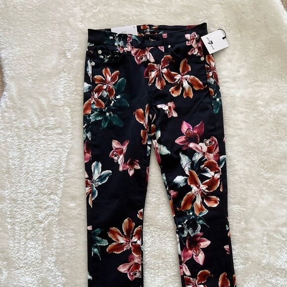 7 For All Mankind Tropical Floral Print Skinny Jeans Black - Picture 7 of 8